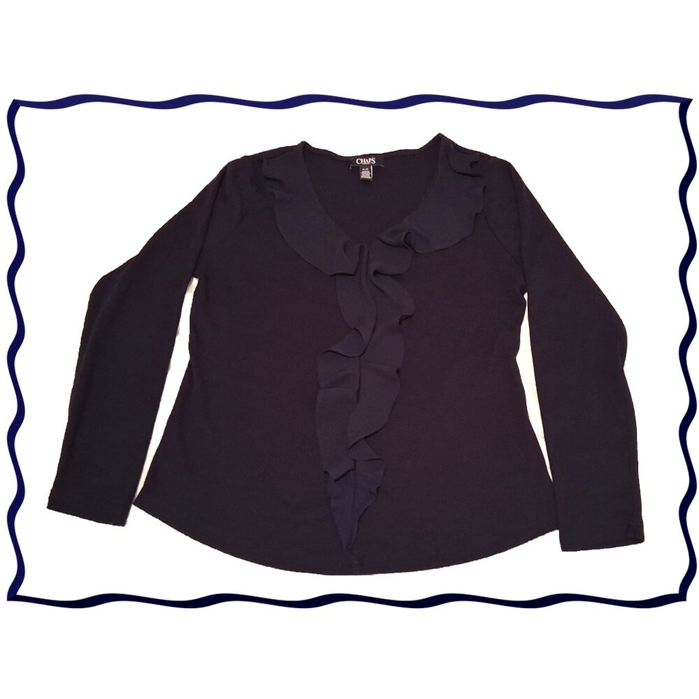 Women's Chaps V-Neck Long Sleeve, Wavy Neckline and Center, Navy, Large